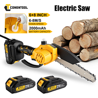CONENTOOL 6 Inch 8 Inch Cordless Electric Chainsaw Portable Handheld Electric Saw Pruning Wood Branches 2x2.0Ah Battery 2 Chains