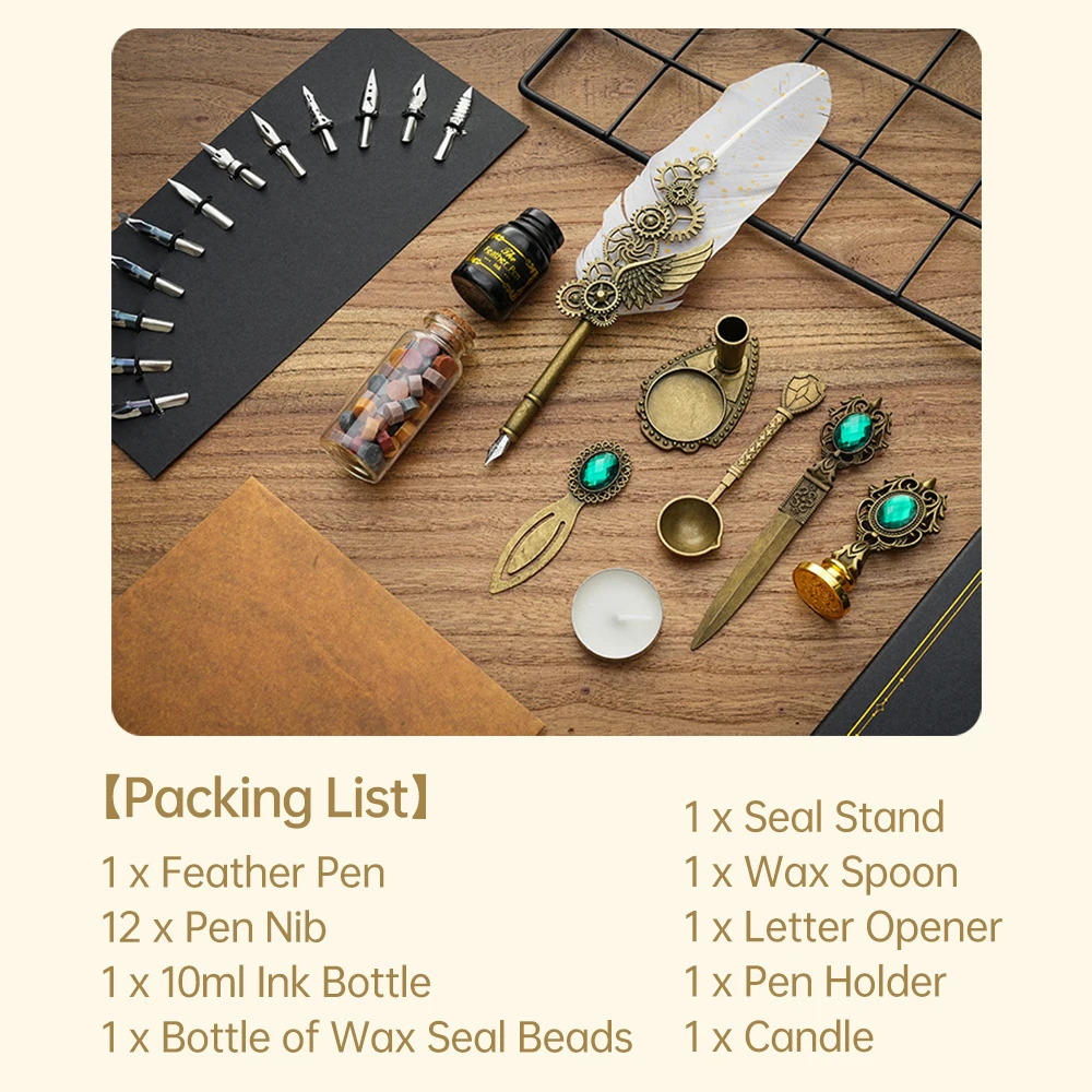 Vintage Feather Pen and Ink Set Fancy Metal Quill Pen with Gear Decorative with Pen Stand Base/10ml Ink/ Wax Beads/Nibs for Kids