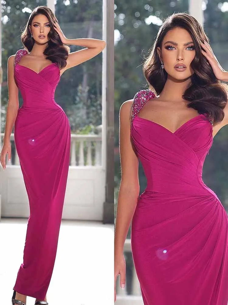 

Woman Ceremony Dresses Crepe Fabric Sheath/Column Birthday Dress Fuchsia Sweetheart Beads Pleat Women's Evening Dress Maxi 2025