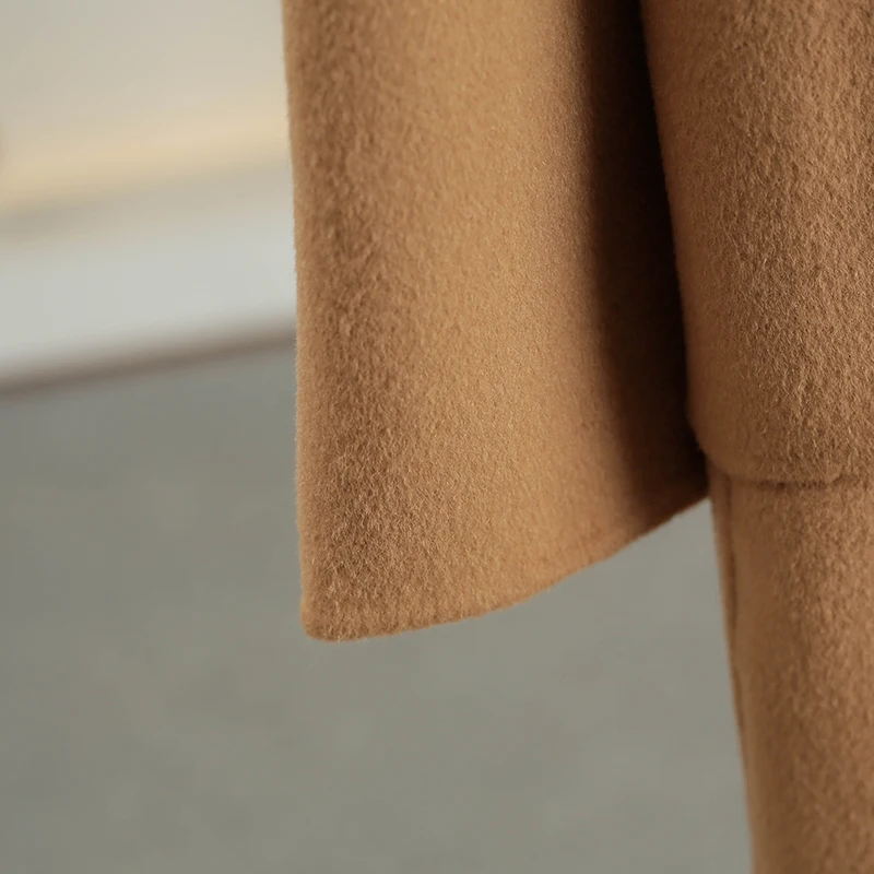 

00% Wool Hooded Double-sided Pure Color Coat Street Sle Straight Cut Long Sve Mid-Length Single Button Closure Winter W...