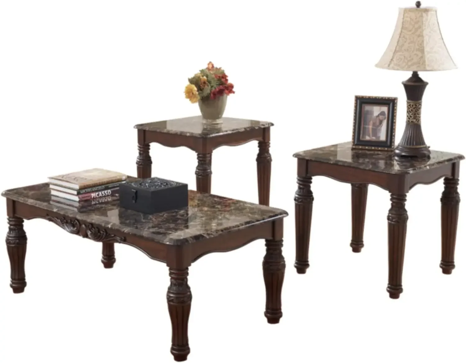 Signature Design by Ashley North Shore Traditional Faux Marble 3-Piece Table Set, Includes Coffee Table and 2 End Tables, Dark B