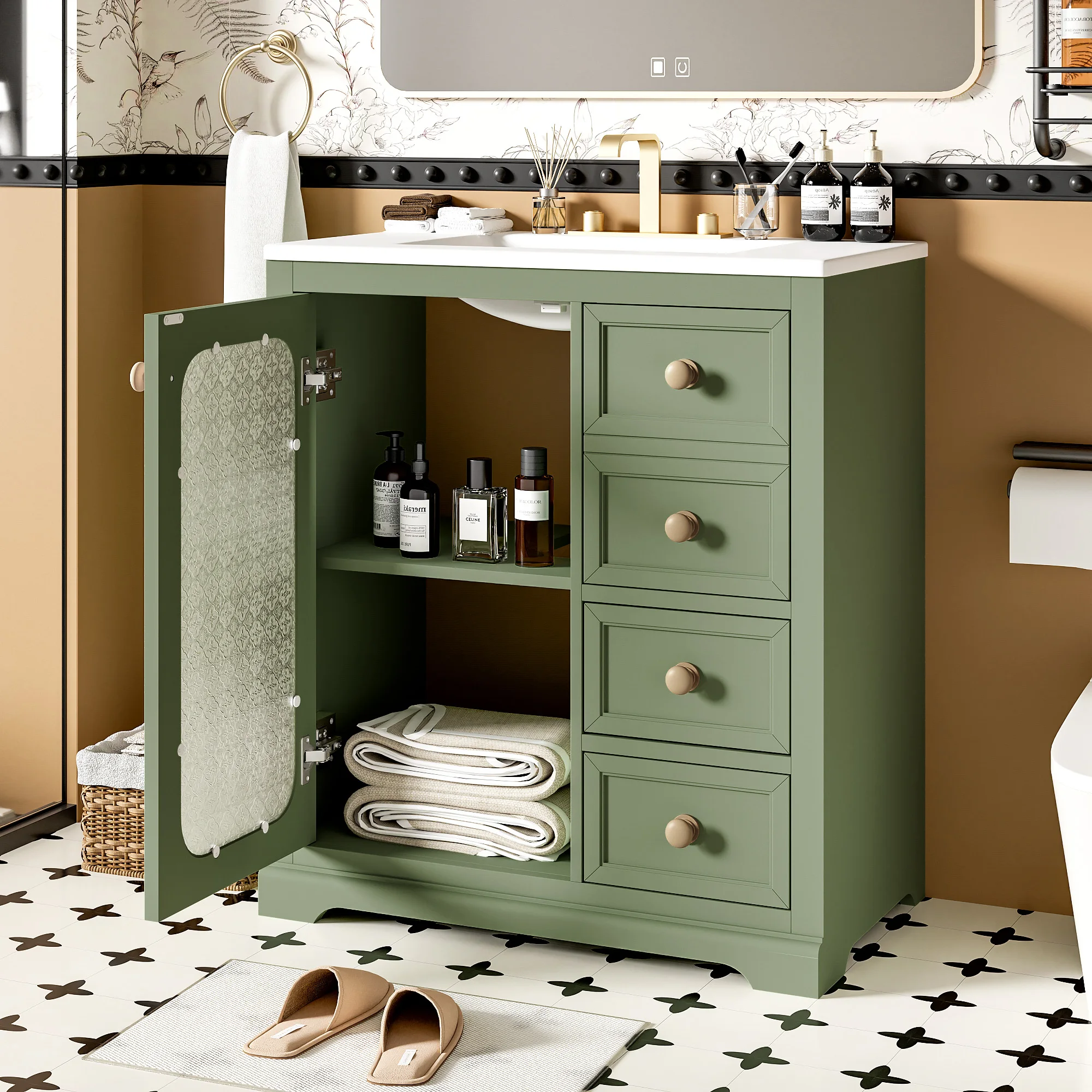 30 in Bathroom Vanity with Sink,Soft Closing Glass Doors Drawers and Adjustable Shelves Wood Single Bathroom Sink Cabinet