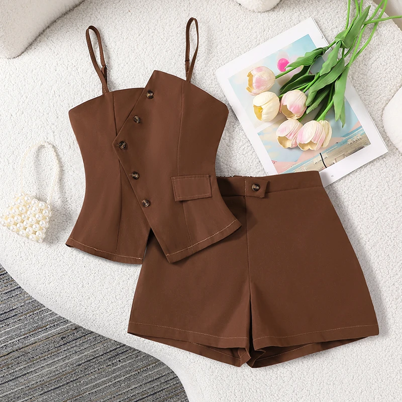 

Girls 8-12 Brown Summer 2Pcs Set, Spaghetti Strap Crop Top & Elastic Waist Shorts, Casual Kids Wear