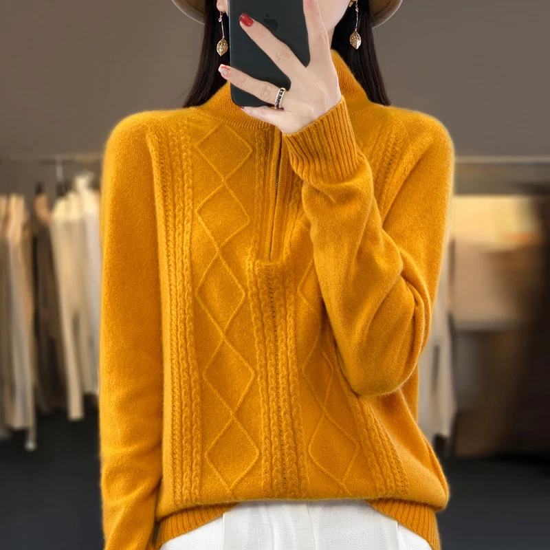 100% Merino Wool Sweater Slim-fit Half Zipper Ladies Solid Color Long Sleeve Knitted Pullover Ladies Thickened Sweater