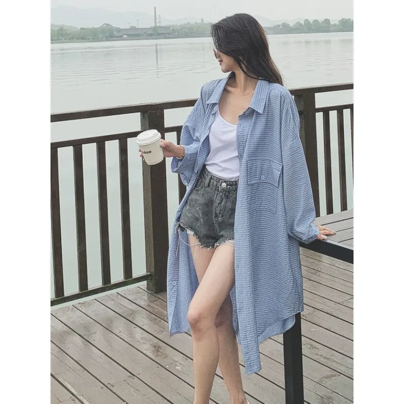 Lazy wind Sun protection Shirt Dresses Spring and summer Korean version loose medium-length cardigan Long-sleeved jacket