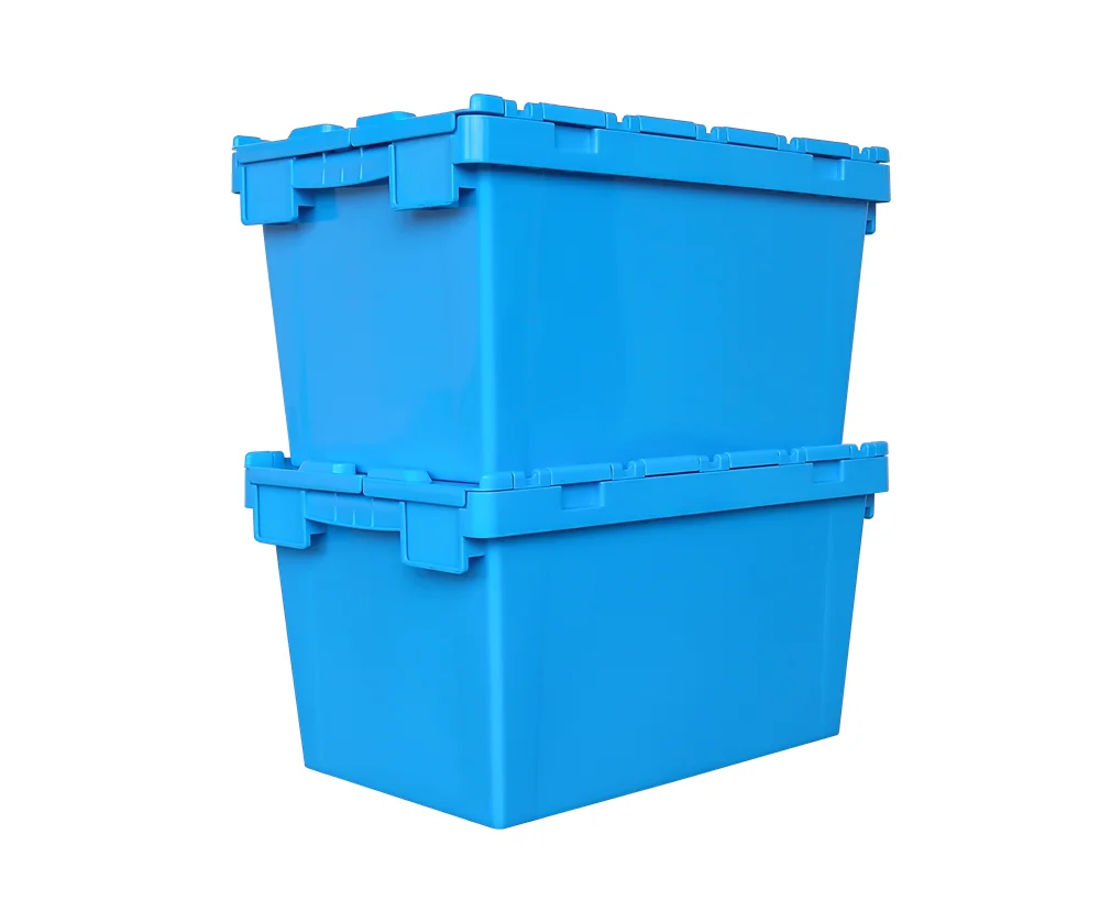 

Wholesales 60x40x34 Cm PP Material Plastic Nestable And Stackable Moving Tote For Transportation With Attached Lid