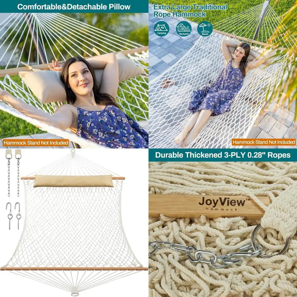 

Handwoven Cotton Double Hammock with Hardwood Bar and Pillow, 450lb Capacity, Suitable for Indoor and Outdoor Use, Natural Color