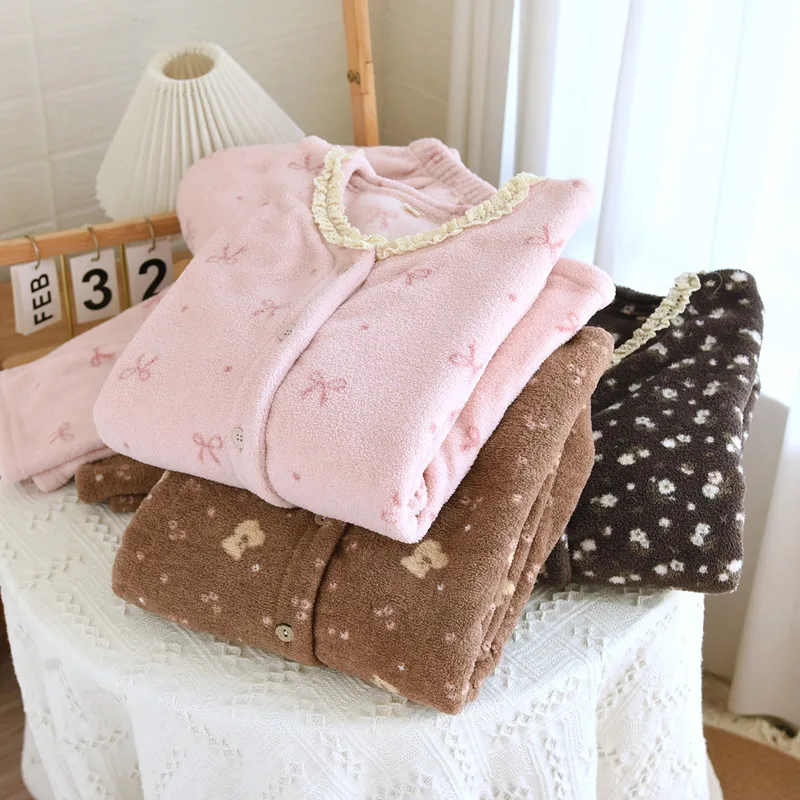 

Pyjama Femme Cartoon Cute Sleepwear Women's Pajamas Set Thick Warm Coral Fleece Home Clothes Lounge Flannel Nightwear Pijama