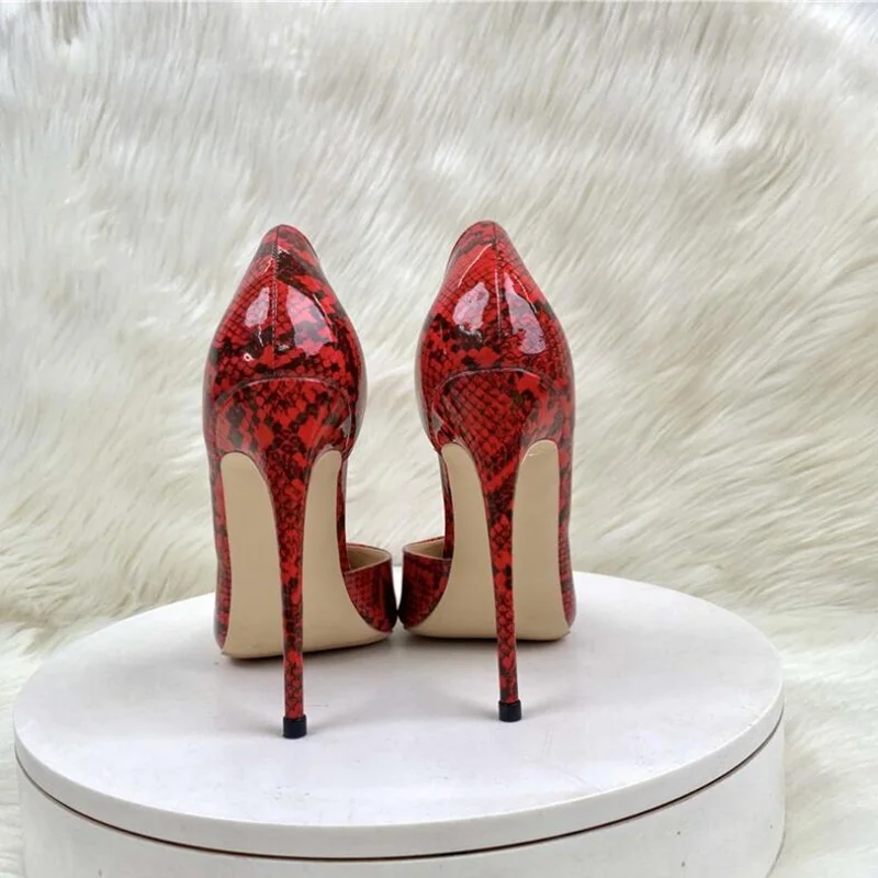 Red Snakeskin Leather Printed High Heel Pumps Pointed Toe Cutouts Shallow Women Banquet Dress Shoes 12CM 10CM 8CM