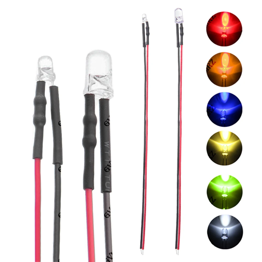 10PCS 3mm 5mm DC 12V 24V Wired LED Indicator Light 3–6V Multiple Colors for PCB DIY Electronics 12V  24V Yellow/Blue/Green/Red