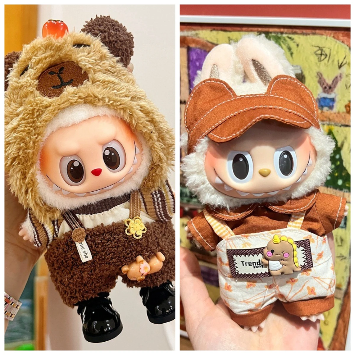 

17cm Creative Doll Clothes Cute Monkeys Dinosaurs Plush Overalls for Labubu Outfit Party Costume Accessories (no Dolls)