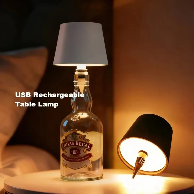 Type-C Touch Control Wireless Wine Bottle LED Lamp, 3-Color Stepless Dimming Desk Light for Bar Cafe Home Atmosphere Decor