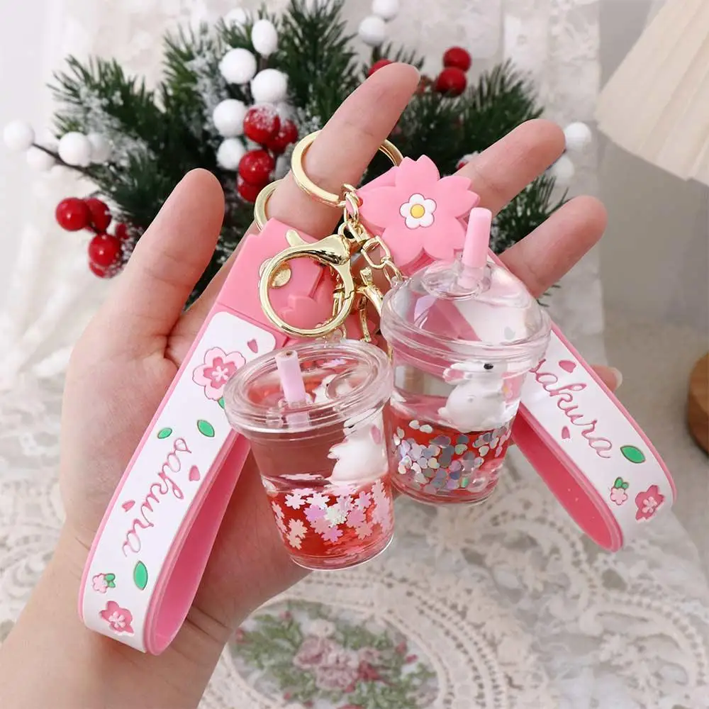 Cute Cherry Blossom Quicksand Drink Bottle Moving Liquid Liquid Keychain Boba Keychain Key Ring Rabbit Milk Tea Cup Keyring - view 3