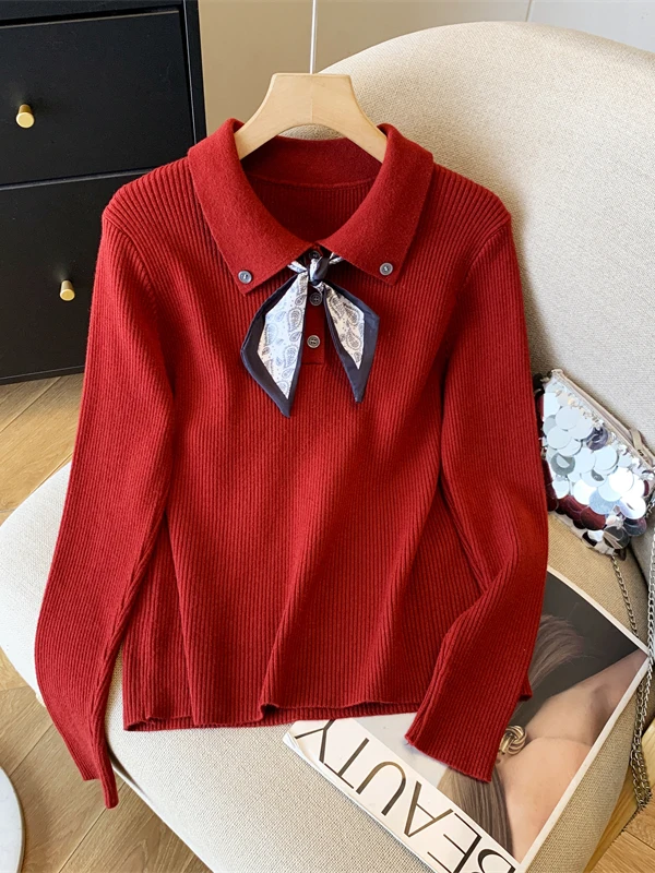 

Red Large Size Ne Knitted Sweater with Knot Slimming Base Layer Top for Women Commute Sle Korean Version