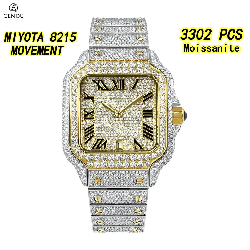 Luxury VVS Moissanite Watch For Men Mechanical Miyota 8215 Movement Jewelry Watch Sapphire 5 ATM See-through Back