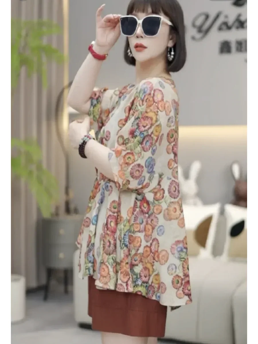 Women's Summer Vintage Floral Print Chic Blouse Casual V Neck Short Sleeve Shirt Ruffled Loose Irregular Womens Tops Blouses