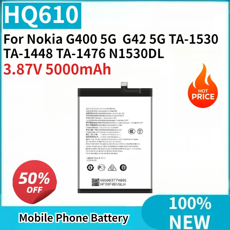 

New Replaceable Battery HQ610 3.87V 5000mAh for Nokia G400 5G G42 5G TA-1530 TA-1448 TA-1476 N1530DL Mobile Phone Batteries