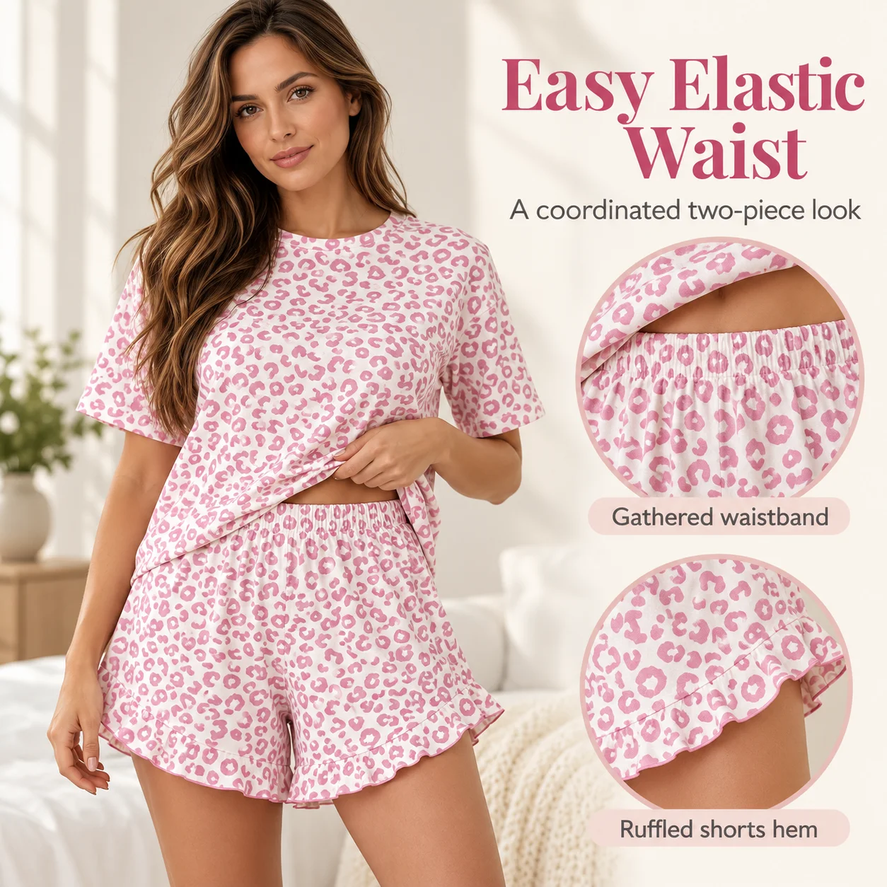 Women's Leopard Print Pajama Set Short Sleeve Round Neck Top and Elastic Waist Shorts Two Piece Home Sleepwear Pink Grey