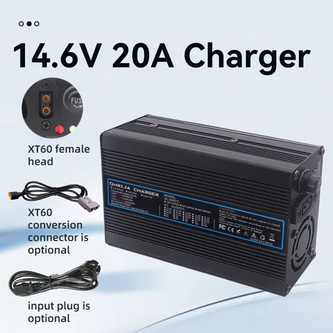 OHRIJA 14.6V 20A 충전기 빠른 충전 알루미늄 쉘 4S 12V LiFePO4 배터리 충전기용 탈착식 커넥터 플러그 선택 가능