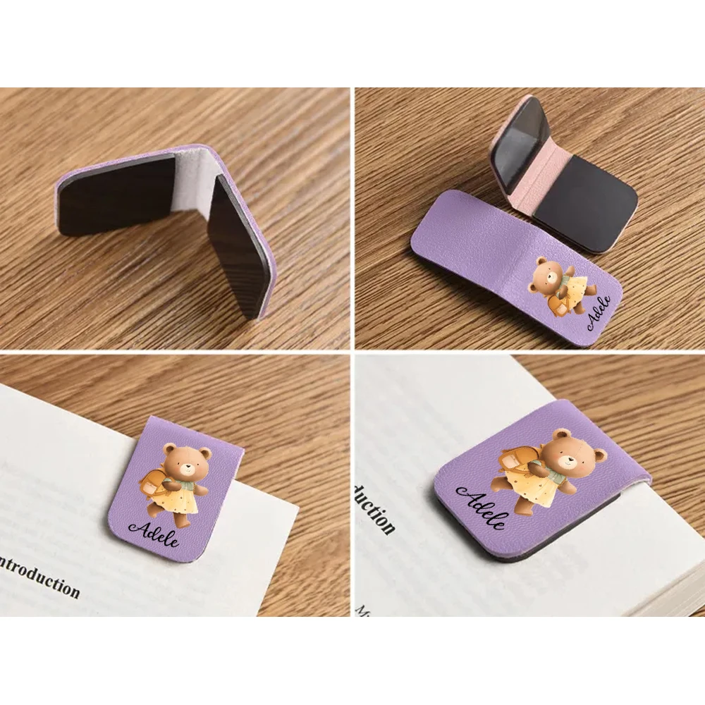 1pc Cute Bear Customizable Name Leather bookmark For School supplies Personalized Cartoon Bear Magnetic Bookmark