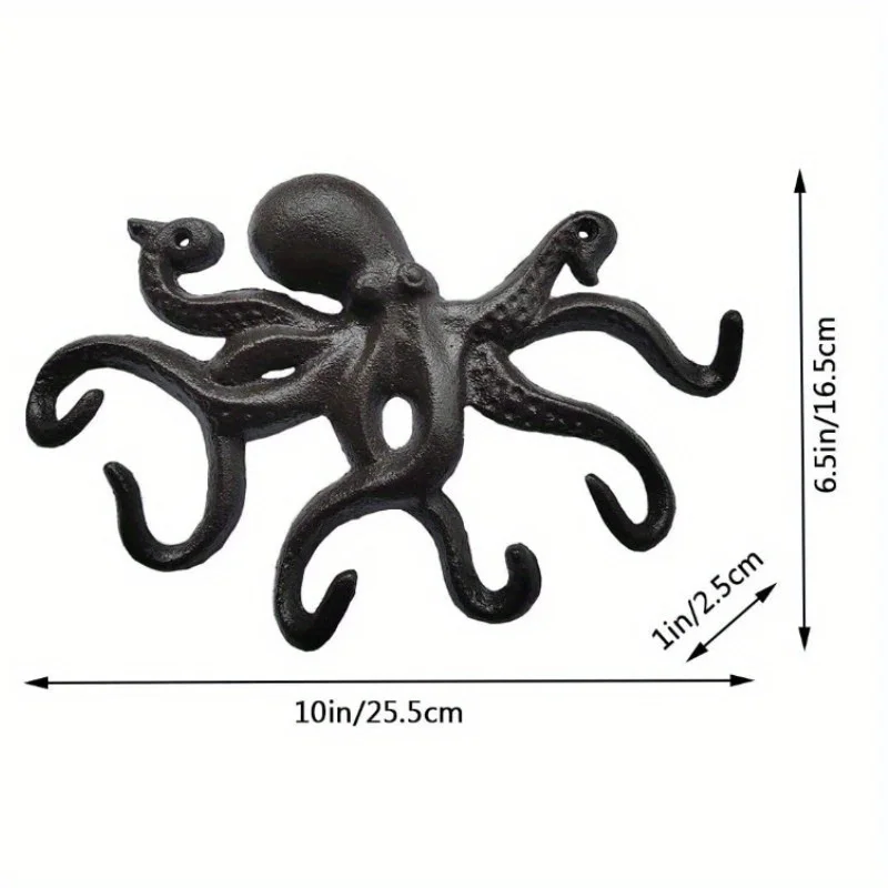 Octopus Key Holder for Wall Cast Iron Hooks Decorative Rustic Towel Wall Mounted Heavy Duty Coat with 6 Tentacles for Keys