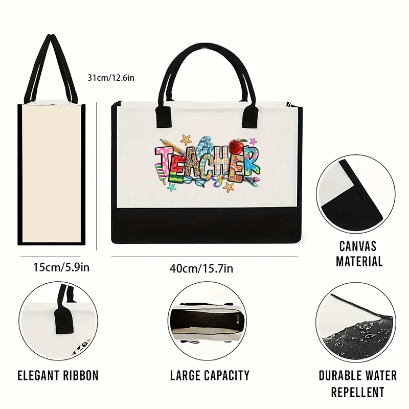 Teacher printed large capacity shoulder bag, portable canvas handbag, outdoor short distance travel shopping bag