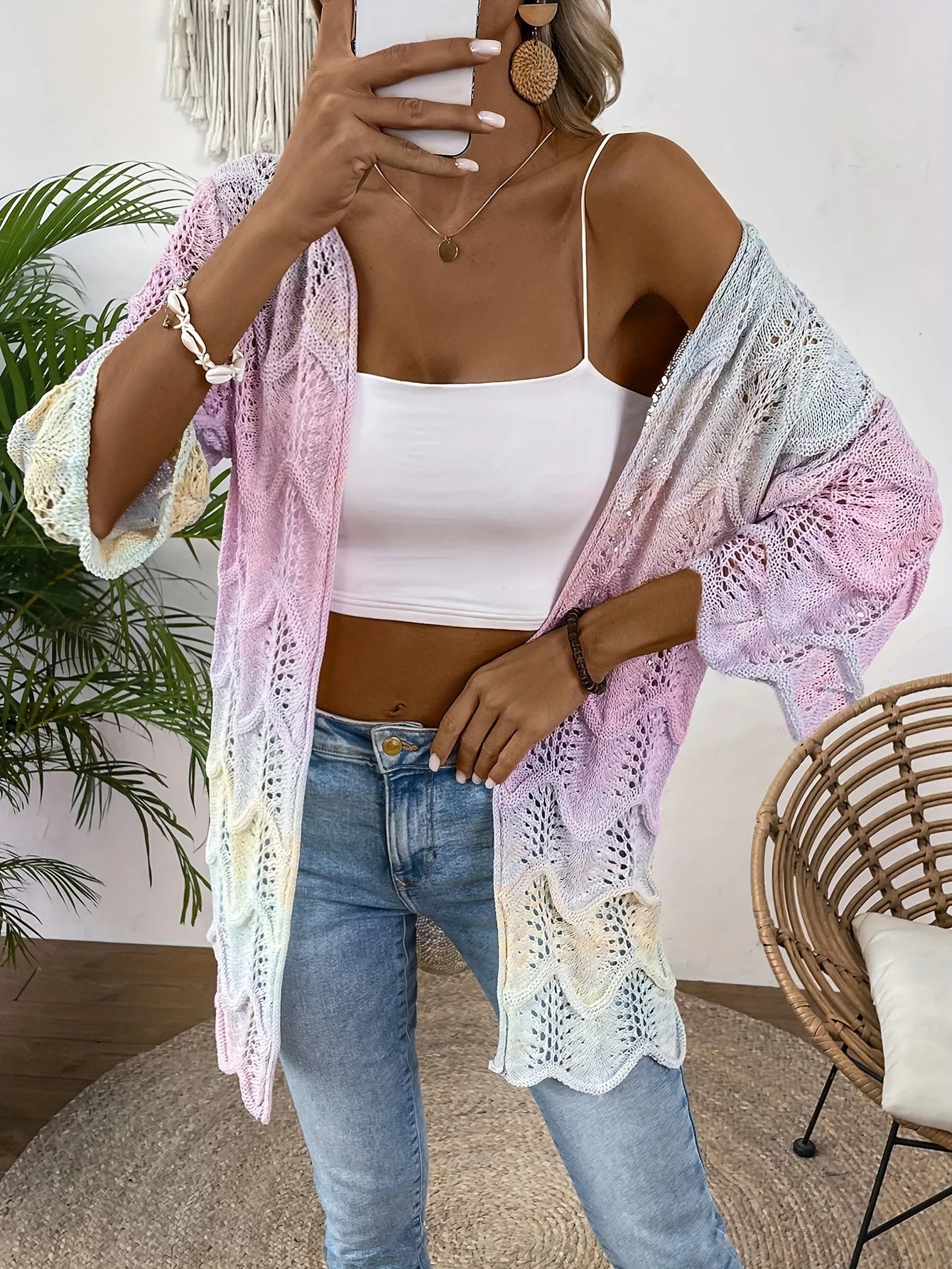 

Нежный градиентный кардиган в курортном стиле с завязками, вязаный, элегантный и изящный