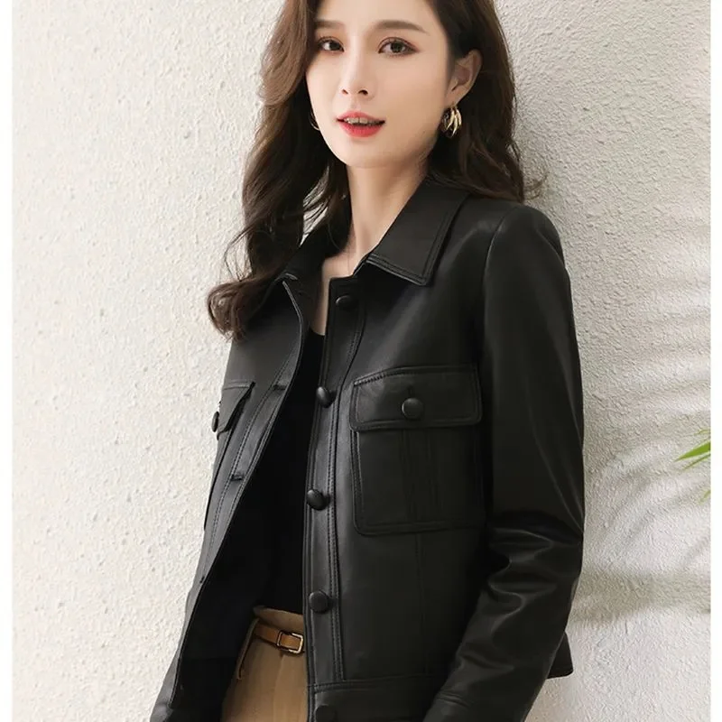 Lapel PU Leather Jacket Women 2024Spring Autumn New Coat Fashion Locomotive Goddess Overcoat High Quality Short Outerwear Female