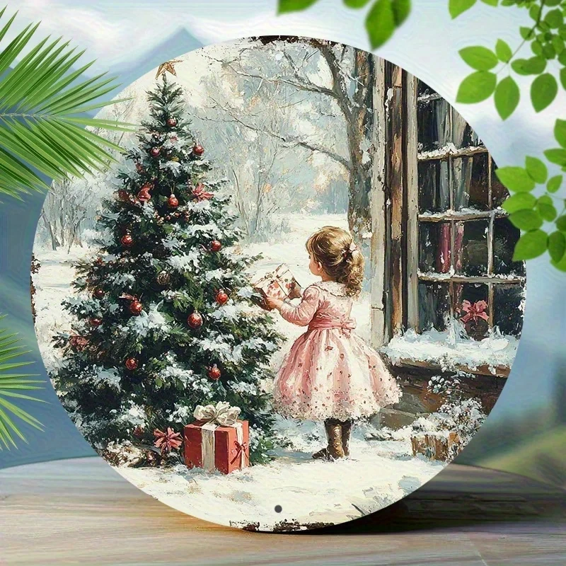 2D Flat, a 20.32cm Inch Round Tin Christmas Scene Hanging Decoration, Suitable for Home, Bar, Garage—Multifunctional Vintage Wall Art, No Power Required