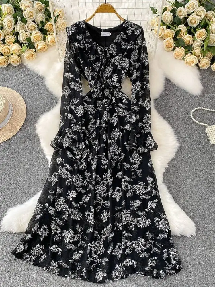 Abito floreale da donna con foglia di loto Primavera Autunno Abiti sexy con scollo a V a maniche lunghe con stampa Abiti lunghi casual in chiffon da donna