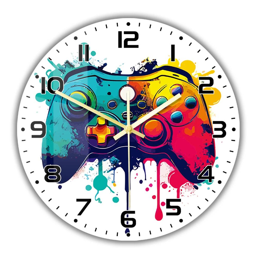 Watercolor Video Game Wall Clock Gamepad Colorful Gaming Controller Silent Non Ticking Wall Watch for Play Game Room Art Decor