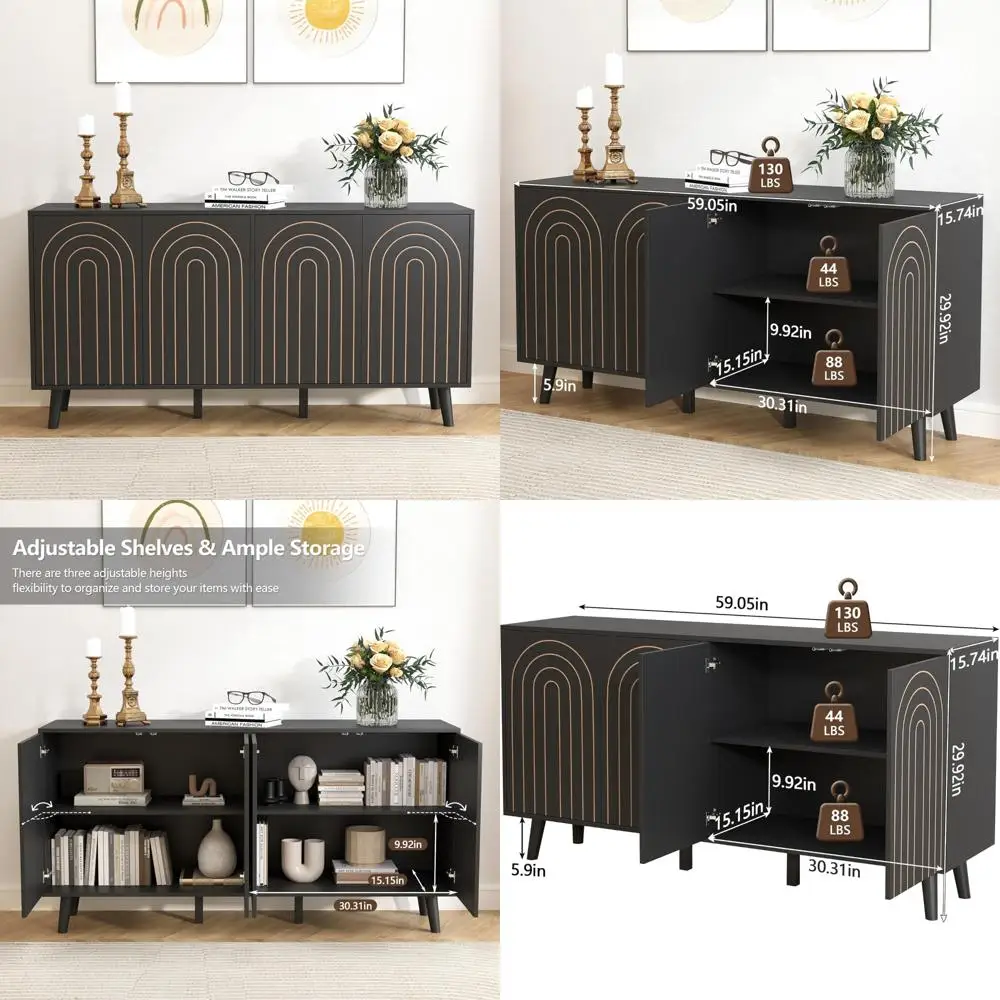 Modern 59 Buffet Cabinet with Storage, 4-Door Wooden Sideboard with Carved Accents and Coffee Bar Table Features
