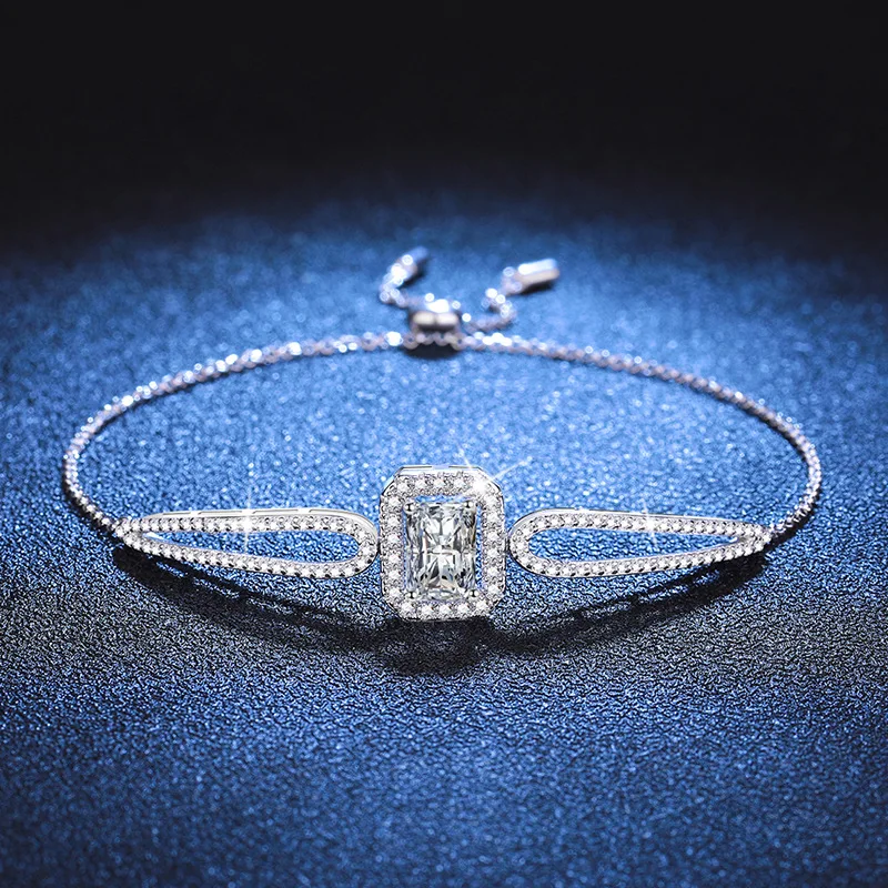 LioraGem Women's Small Sugar Cube Diamond-studded Adjustable Bracelet, 1-carat Moissanite Bracelet Platinum PT950 Stamp