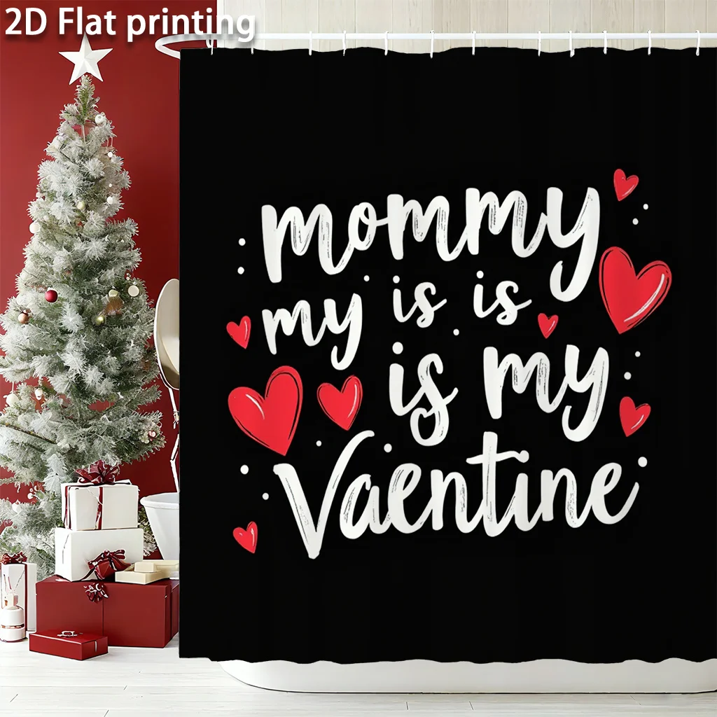 

Mommy is My Valentine Shower Curtain White Handwritten Script Red Hearts on Black, Sweet Mother-Child Art for Kids’ Bathroom