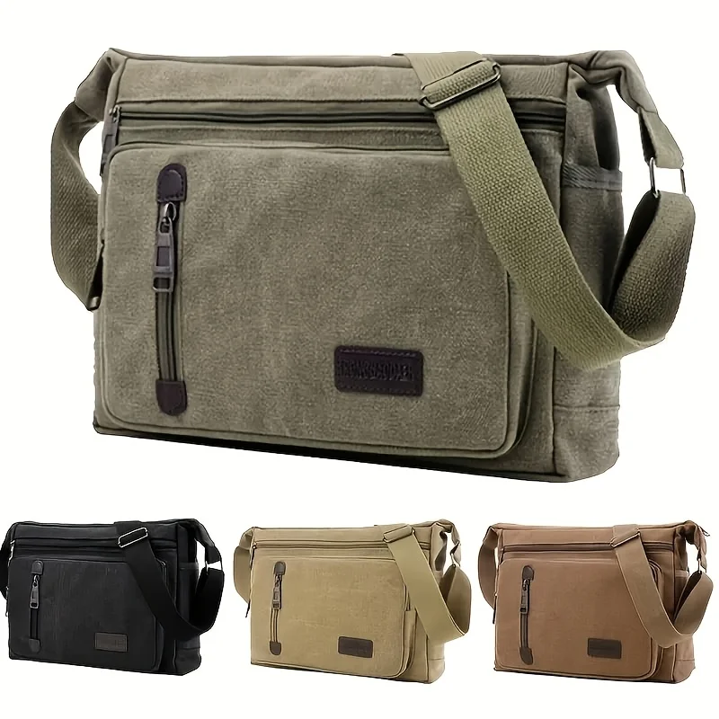 

Vintage Messenger Bag with adjustable strap & multi-compartments. Ideal for travel, hiking & daily use. Black, Olive Green,Brown