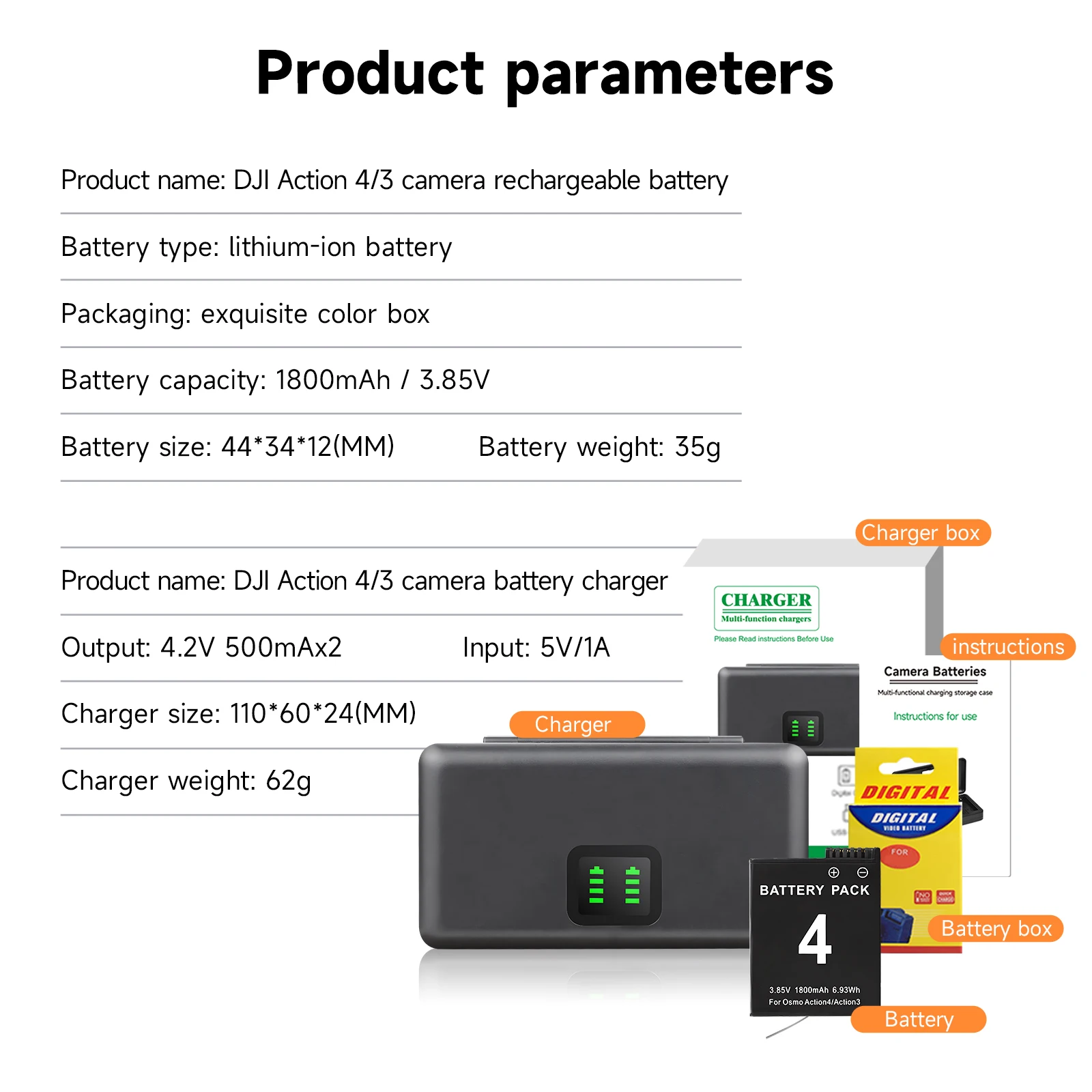 PALO 1800mAh For DJI Osmo Action 4 Battery+Portable Fast Charge Box for Osmo Action 3 Action 4 charger Sports Camera Accessories