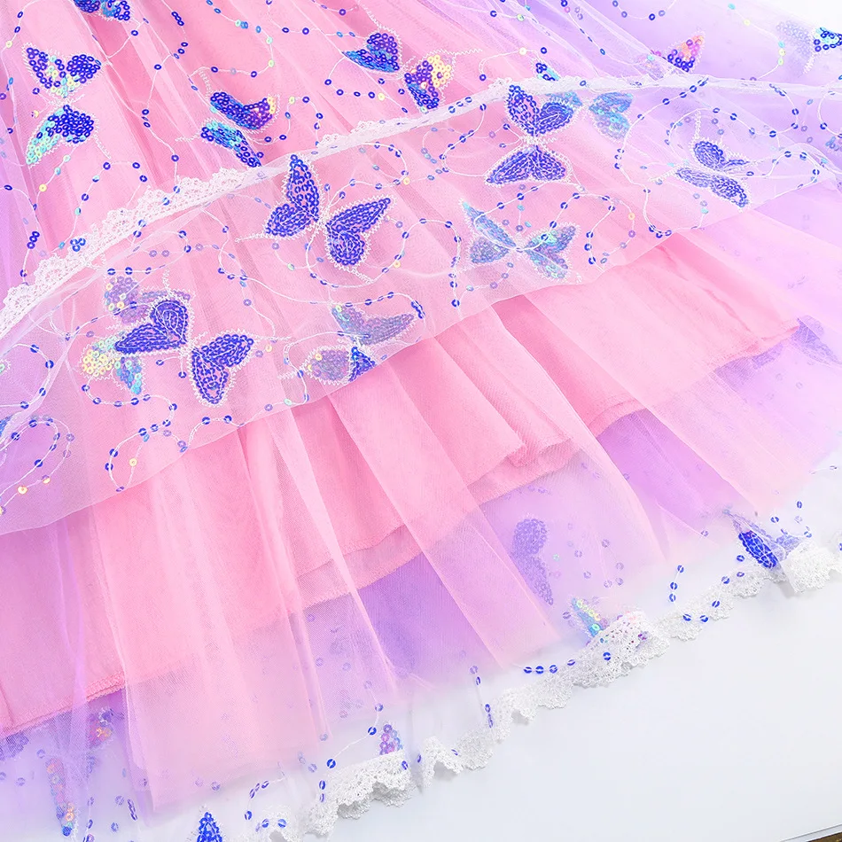 ラプンツェルドレスギフトスリーブパープルスパンコールメッシュレペプリンセスドレス誕生日ギフトパーティーチュチュ