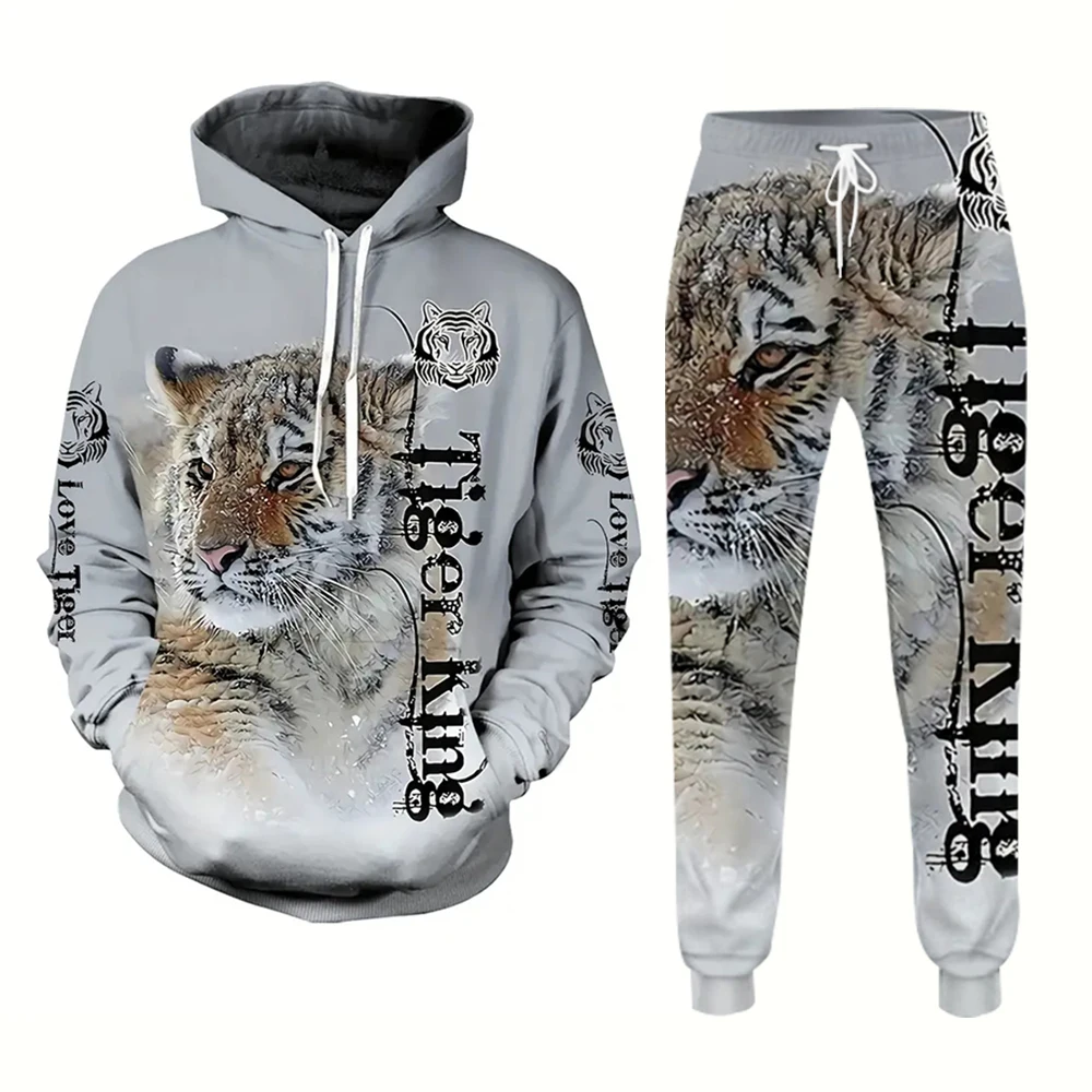 Vintage poderoso tigre 3d impresso agasalho masculino de duas peças jumper moda masculina outono/inverno casual mais moletom de rua