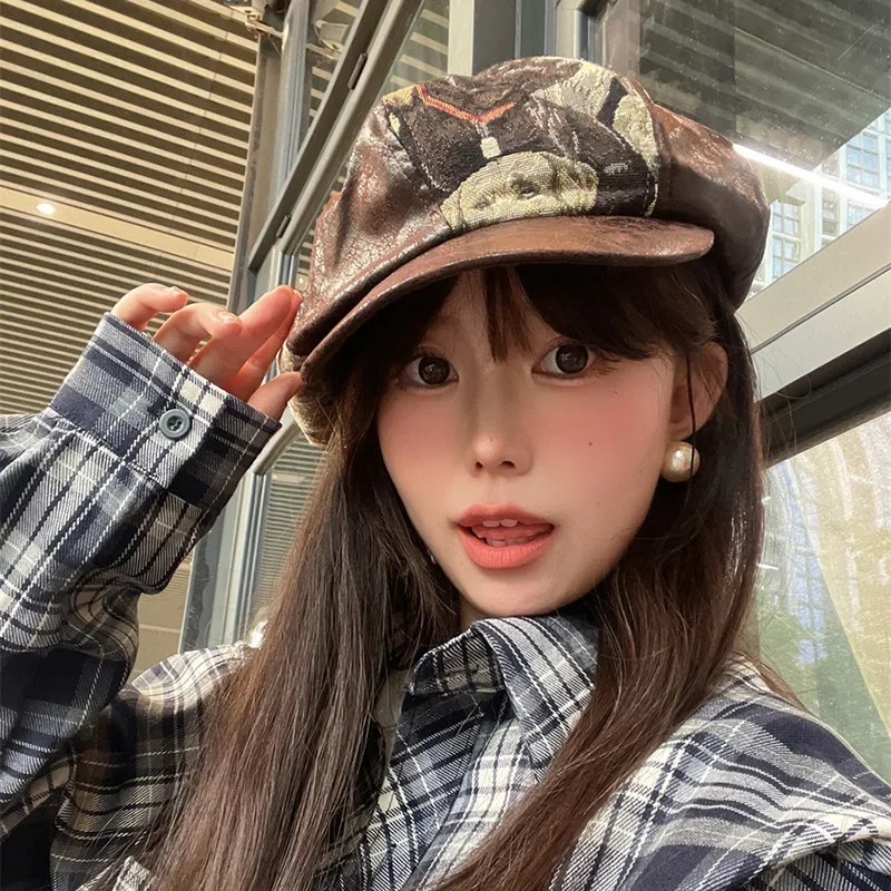 AW25 Newsboy Cap with Leather & Jacquard Panels, Vintage Drawstring Adjustment - Unisex Smart Casual
