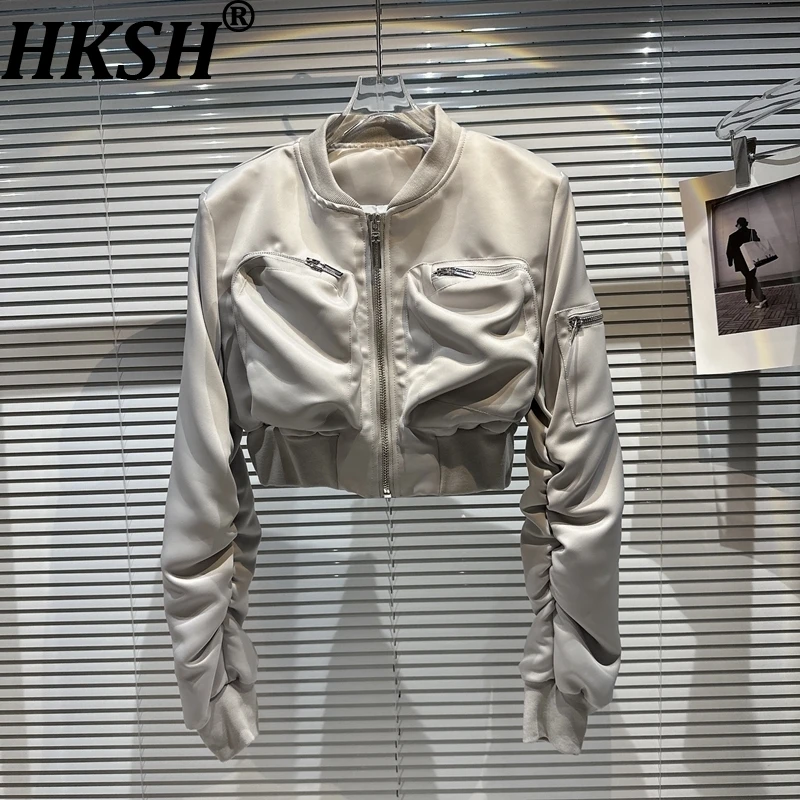 

HKSH весна осень новая женская короткая куртка с воротником-стойкой на молнии с несколькими карманами плиссированные рукава в стиле сафари уличная одежда пальто HK12142