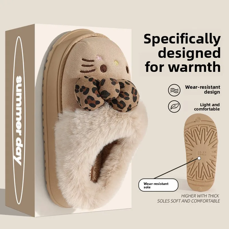 شباشب قطنية على شكل قطة للنساء بنعل سميك دافئ مبطن بالفرو للاستخدام الداخلي والخارجي في الخريف والشتاء