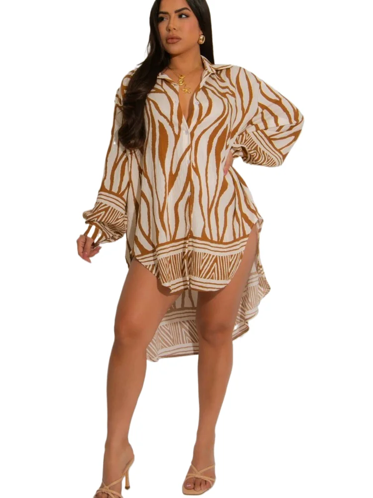 

Beach Casual Loose Long Sleeve Shirt Mini Dresses Women 2025 Summer Fashionable Vacation Plus Size Female Button Irregular Hem
