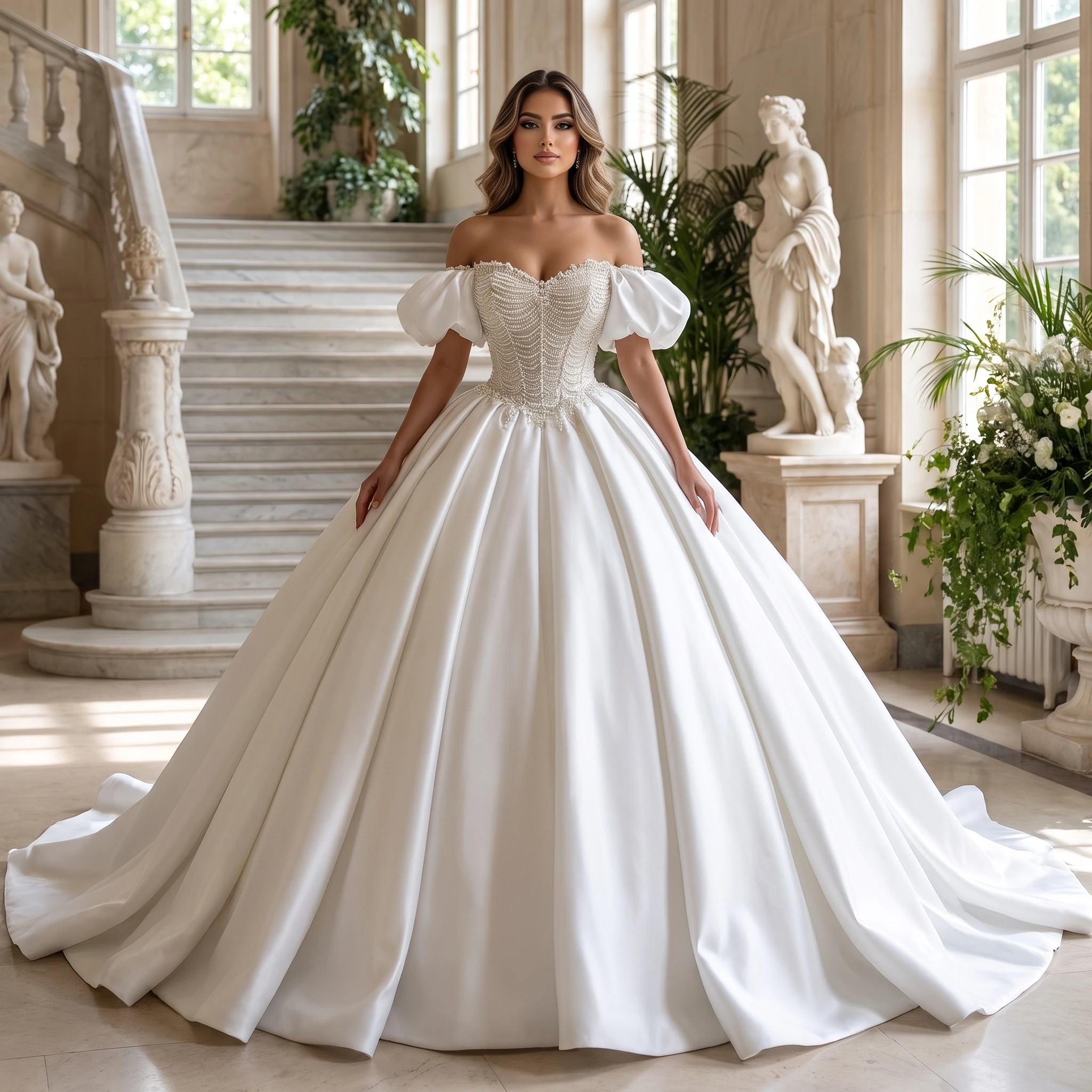 Gorgeous Short sleeves Bridal Satin Ball Dress Ball Gown Beaded Princess Wedding Dress Luxury Customization vestidos de novia bo