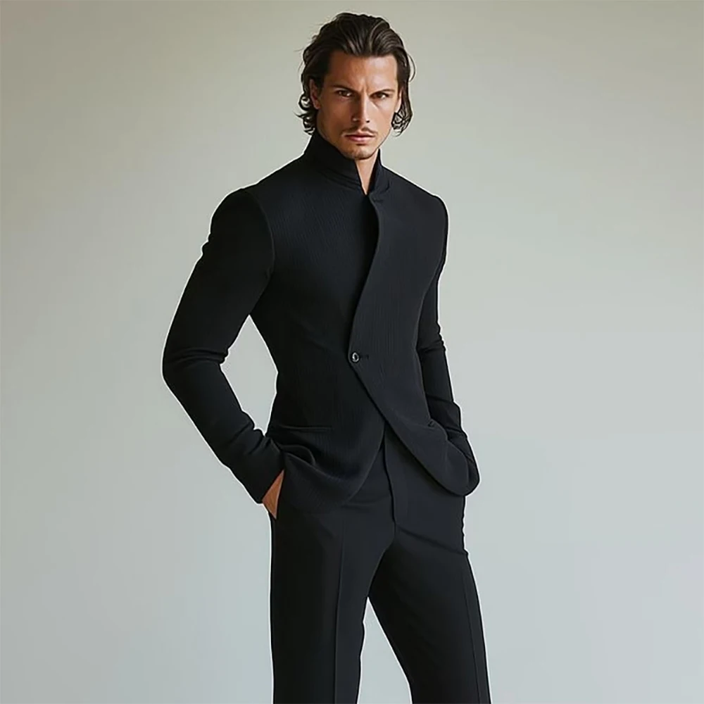 

Черный мужской костюм-двойка Slim Fit класса люкс: пиджак и брюки. Элегантный облегающий мужской комплект для повседневной и деловой носки.