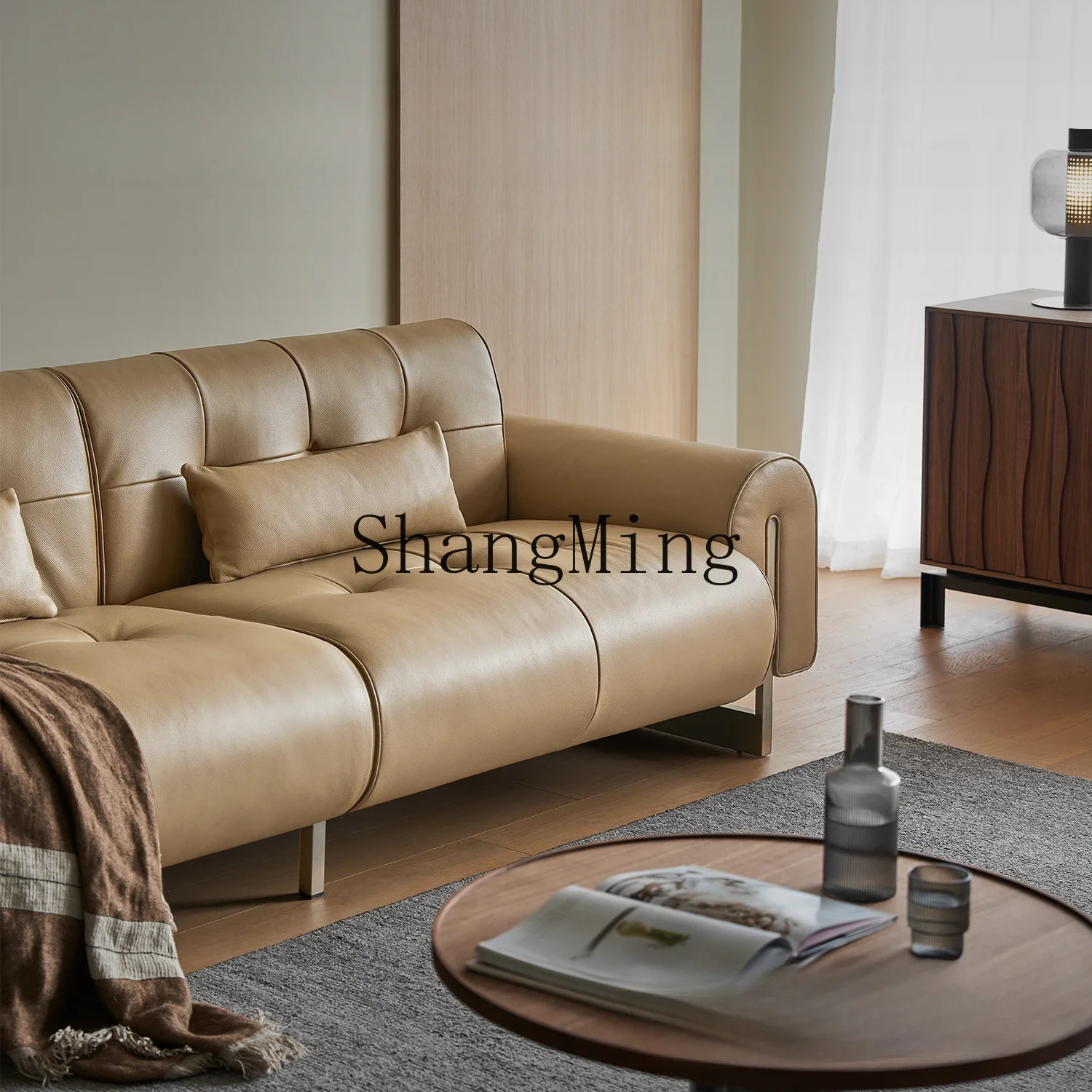 ZZJ minimalist leather sofa small apartment living room bedroom balcony first layer cowhide modern wind straight row sofa