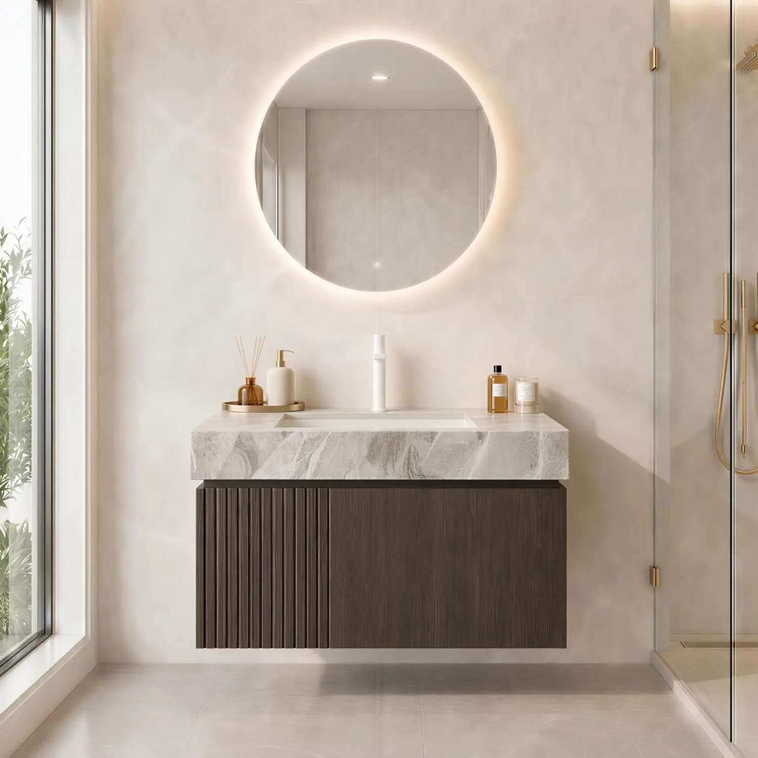 

30" Wall-Mounted Vanity Gray Stone Top Undermount Basin Soft-Close Pre-Assembled, Customized