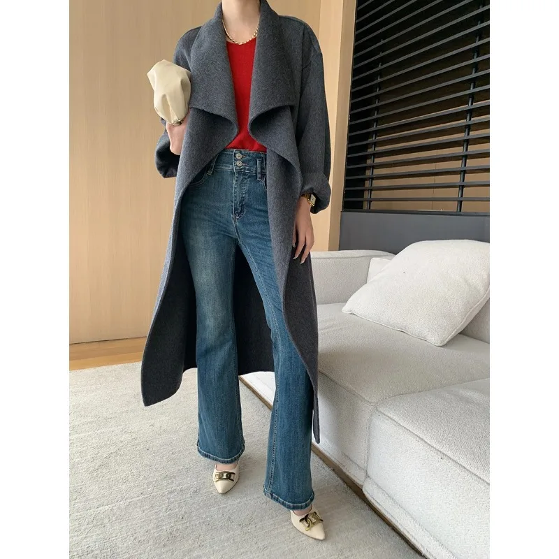 2024 Women Autumn Coats Wdie Laple Collar Design Long Woolen Coat With Belt Open Stitch Wool Coat Veste Femme Tops