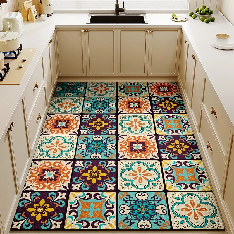 Retro Ethnic Style Kitchen Floor Mat Anti-fouling Oil-proof Waterproof Balcony Rug PVC Washable Wipe Clean Carpet Ковер Tapis 러그