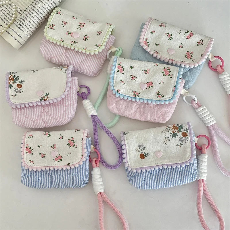 Damen-Geldbörsen, reine Baumwolle, floral, süß, niedlich, Kopfhörer, Ne CCD-Kamera-Aufbewahrungstaschen, tragbar, kompakt, Hand-Geldbörsen für Mädchen