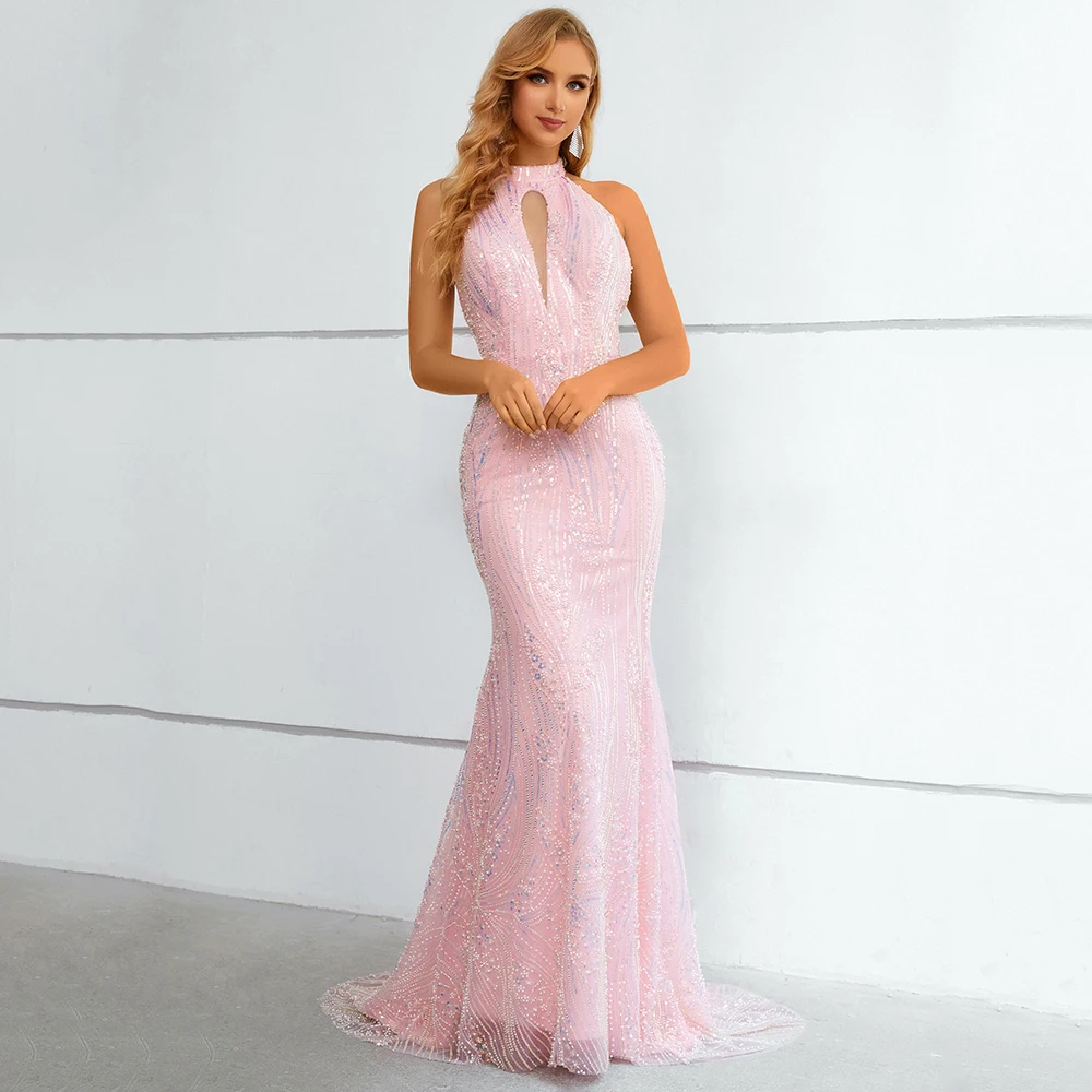 

Exquisite Pink Mermiad Backless Evening Party Dress with Beading Sequins Floor Length Sleeveless Lace Prom Gowns Robes De Soirée